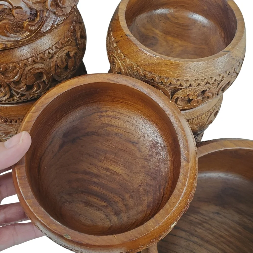 Vntg Hand Carved Wooden Salad Bowl Set. 9 Pc set. Mid-Century Modern